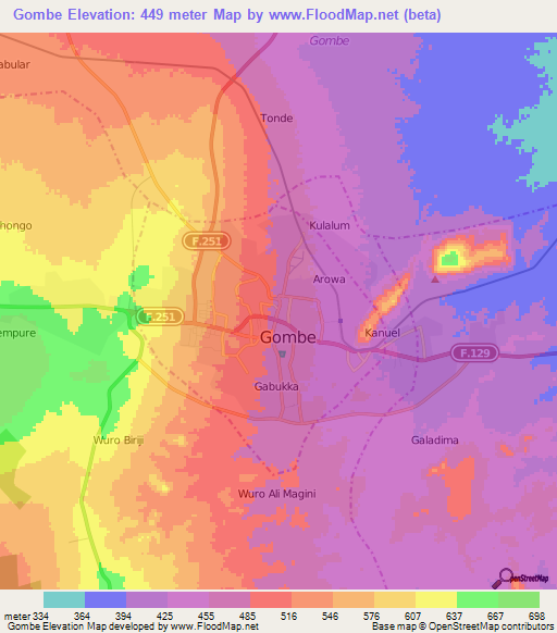 Gombe,Nigeria Elevation Map