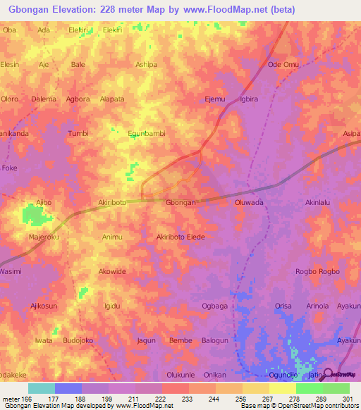 Gbongan,Nigeria Elevation Map