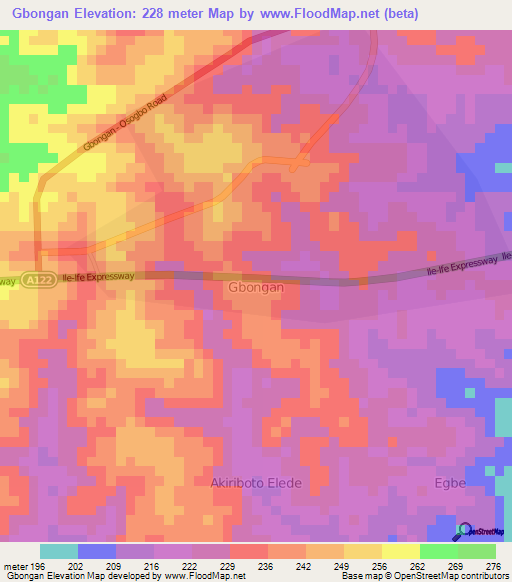 Gbongan,Nigeria Elevation Map