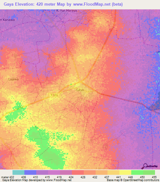 Gaya,Nigeria Elevation Map