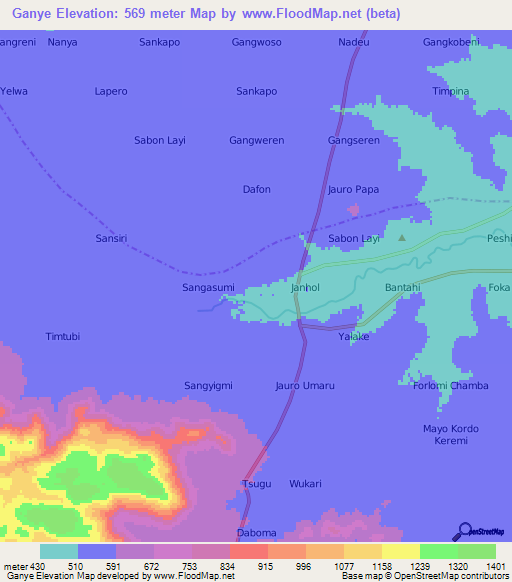 Ganye,Nigeria Elevation Map