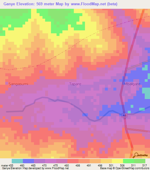 Ganye,Nigeria Elevation Map