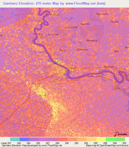 Gambaru,Nigeria Elevation Map