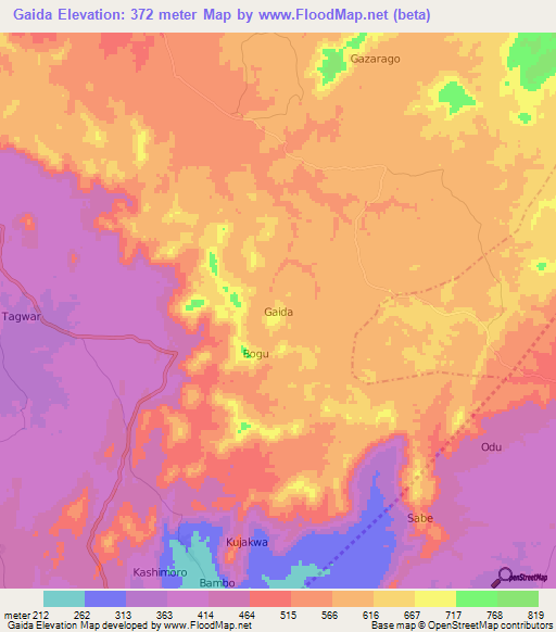 Gaida,Nigeria Elevation Map