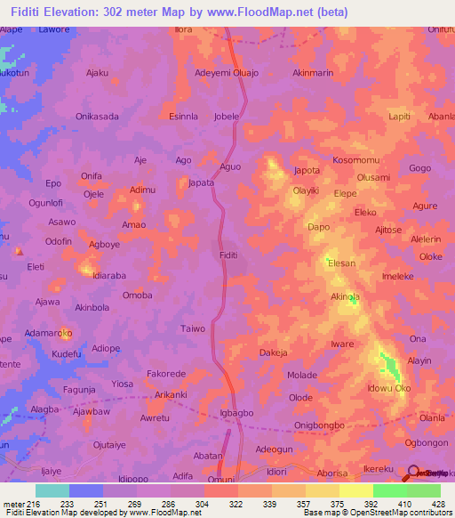 Fiditi,Nigeria Elevation Map