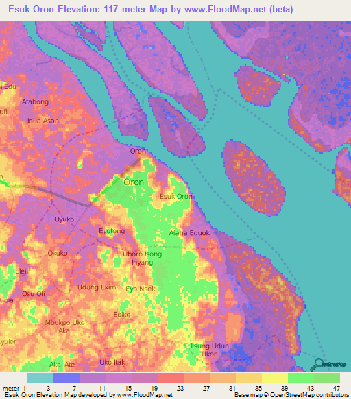 Esuk Oron,Nigeria Elevation Map