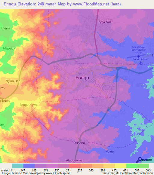 Enugu,Nigeria Elevation Map