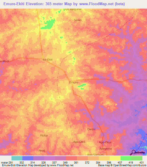 Emure-Ekiti,Nigeria Elevation Map