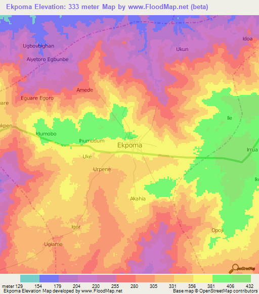 Ekpoma,Nigeria Elevation Map