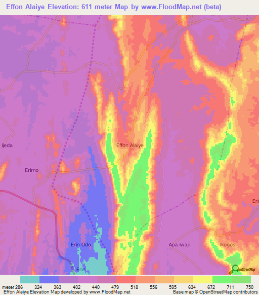 Effon Alaiye,Nigeria Elevation Map