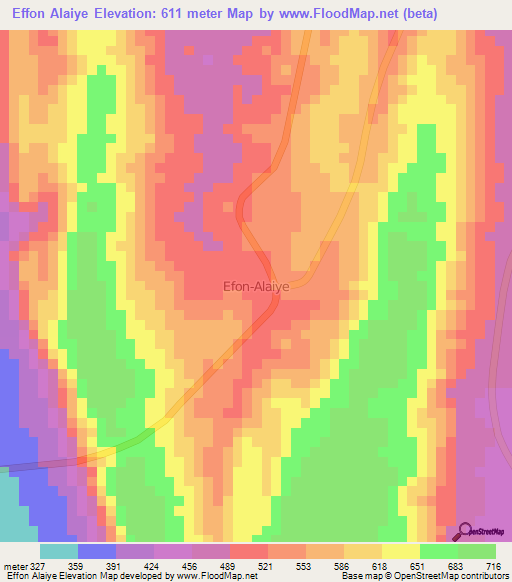 Effon Alaiye,Nigeria Elevation Map