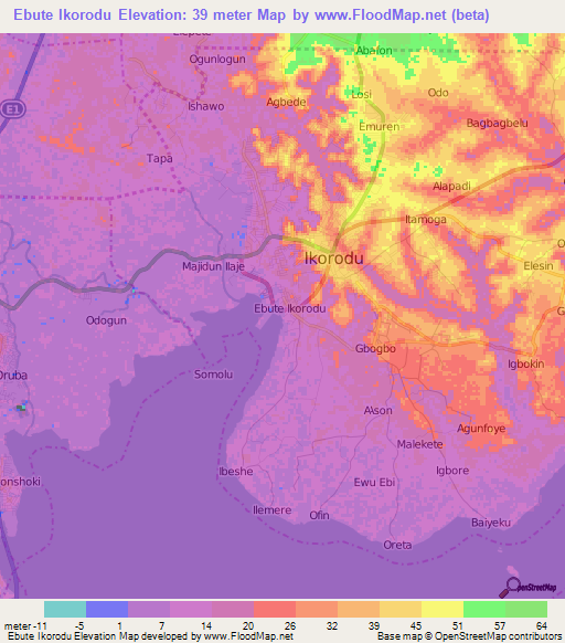 Ebute Ikorodu,Nigeria Elevation Map