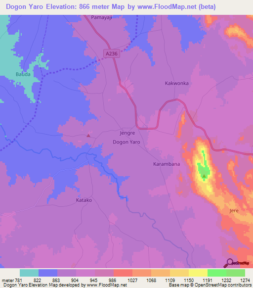 Dogon Yaro,Nigeria Elevation Map