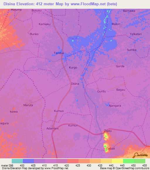 Disina,Nigeria Elevation Map