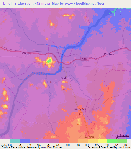 Dindima,Nigeria Elevation Map