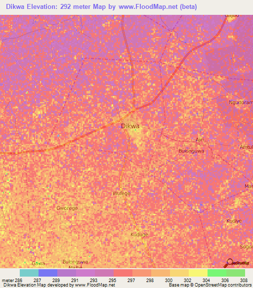 Dikwa,Nigeria Elevation Map