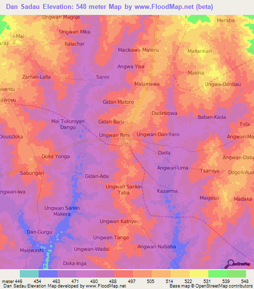 Dan Sadau,Nigeria Elevation Map