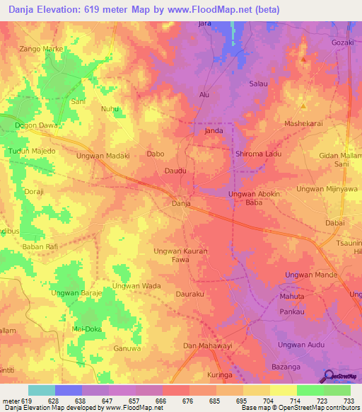 Danja,Nigeria Elevation Map