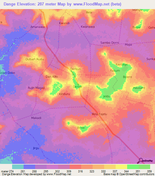 Dange,Nigeria Elevation Map