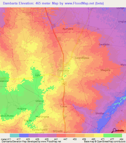 Dambarta,Nigeria Elevation Map