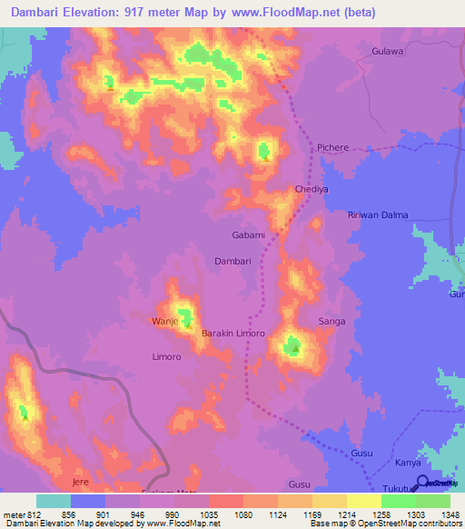 Dambari,Nigeria Elevation Map