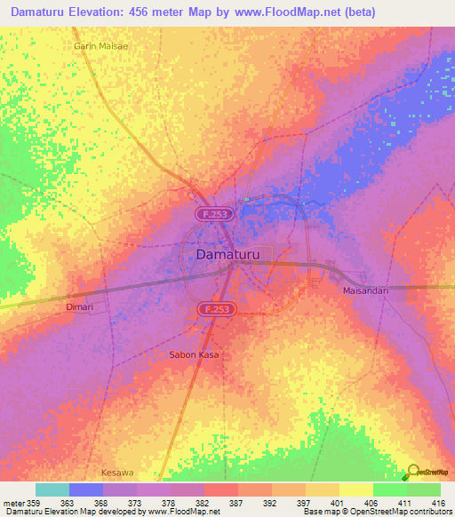 Damaturu,Nigeria Elevation Map