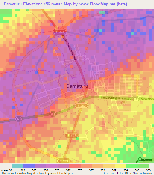 Damaturu,Nigeria Elevation Map