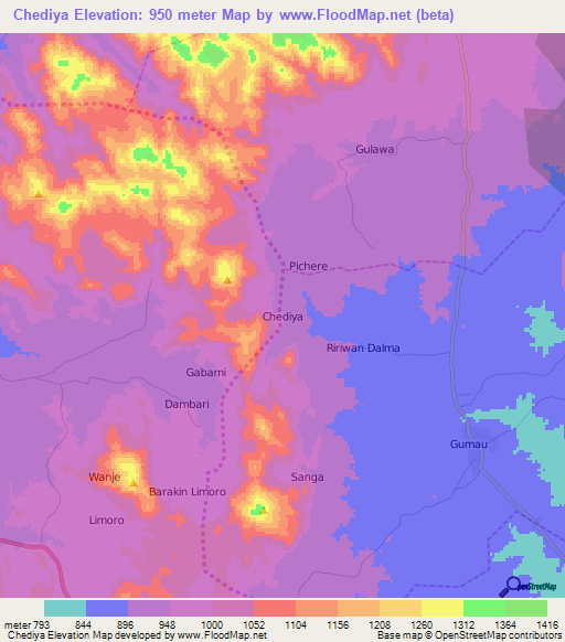 Chediya,Nigeria Elevation Map