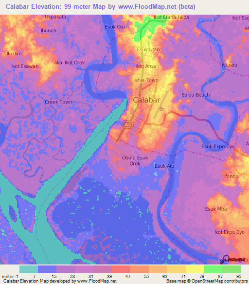 Calabar,Nigeria Elevation Map