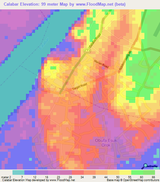 Calabar,Nigeria Elevation Map