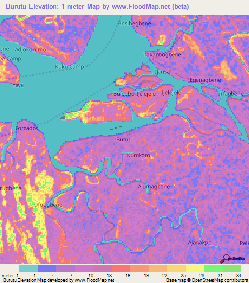 Burutu,Nigeria Elevation Map