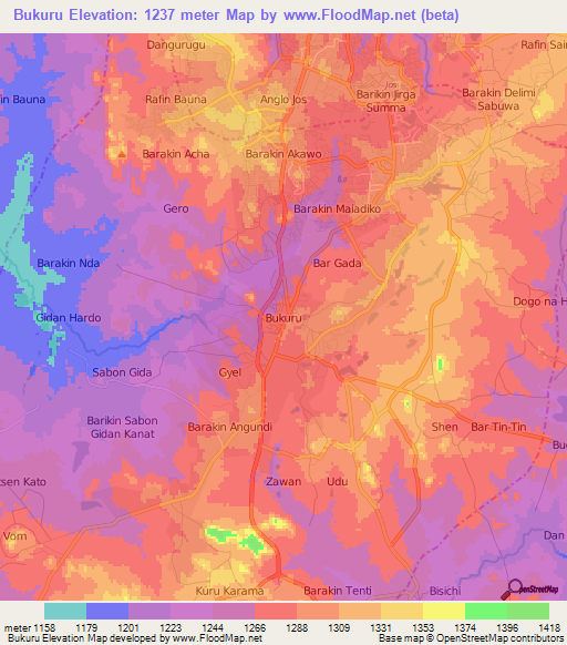 Bukuru,Nigeria Elevation Map