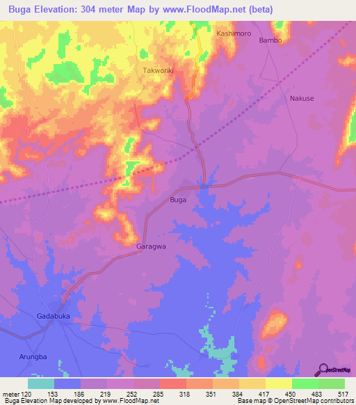 Buga,Nigeria Elevation Map