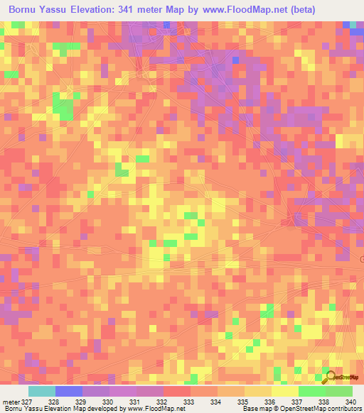 Bornu Yassu,Nigeria Elevation Map