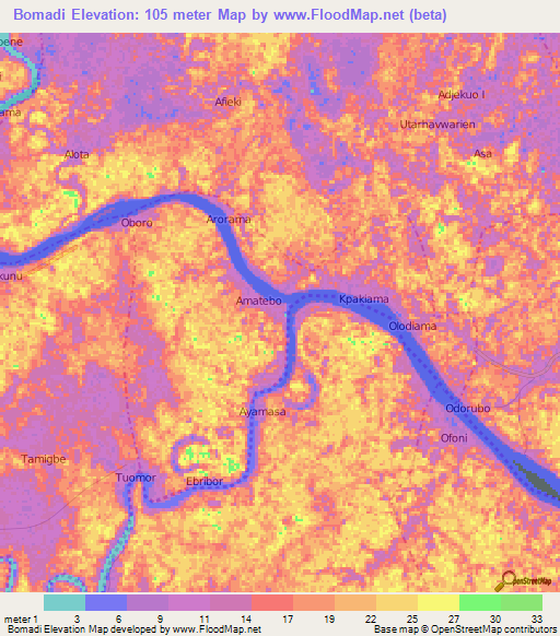 Bomadi,Nigeria Elevation Map