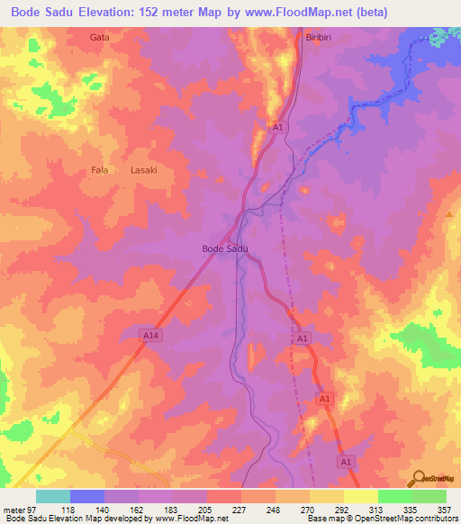 Bode Sadu,Nigeria Elevation Map