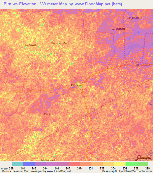 Birniwa,Nigeria Elevation Map