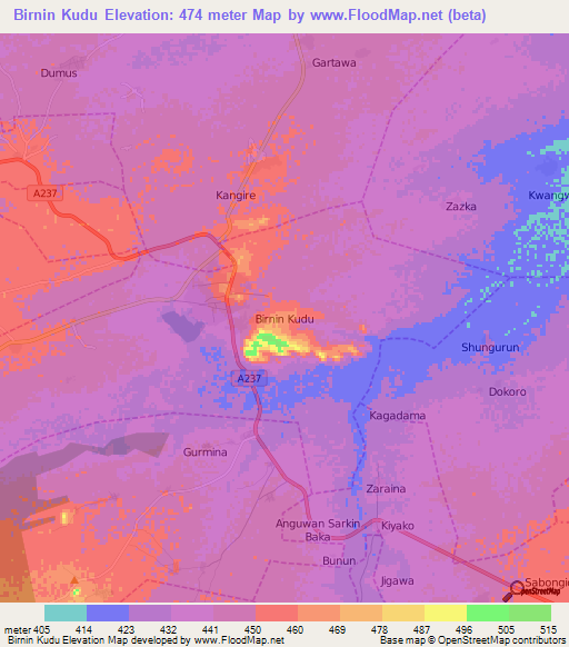 Birnin Kudu,Nigeria Elevation Map