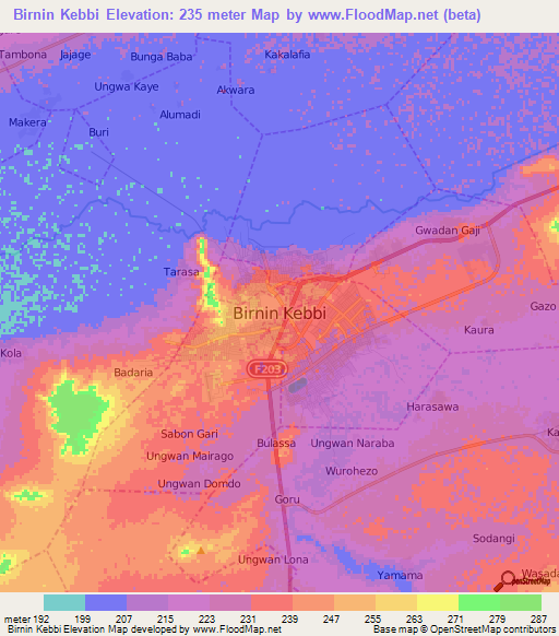 Birnin Kebbi,Nigeria Elevation Map