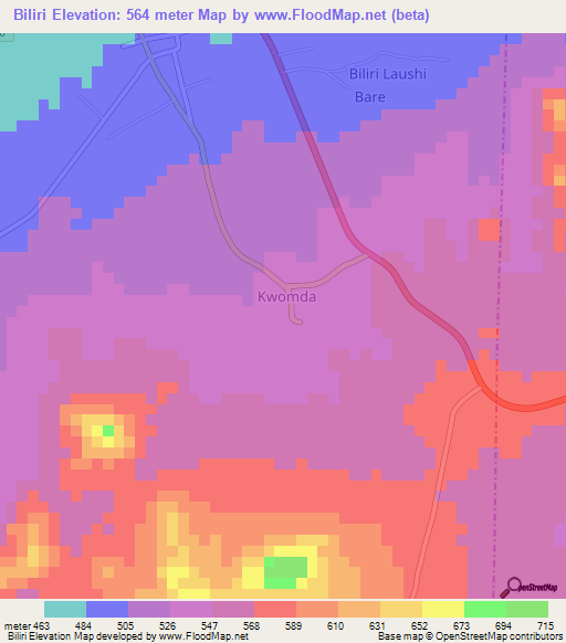 Biliri,Nigeria Elevation Map