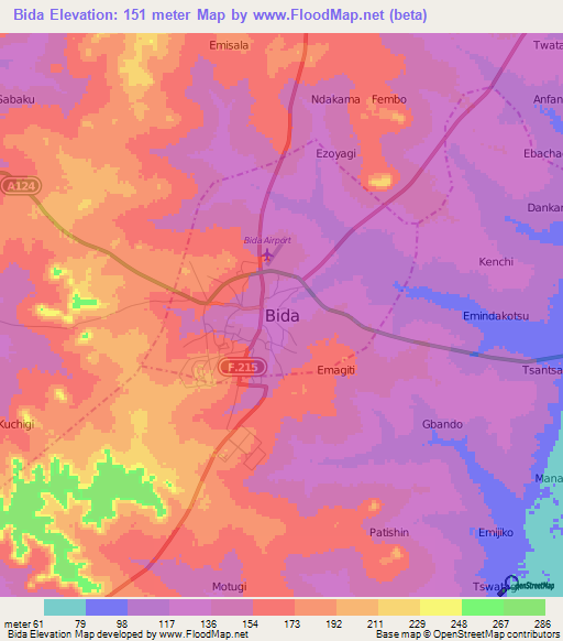 Bida,Nigeria Elevation Map