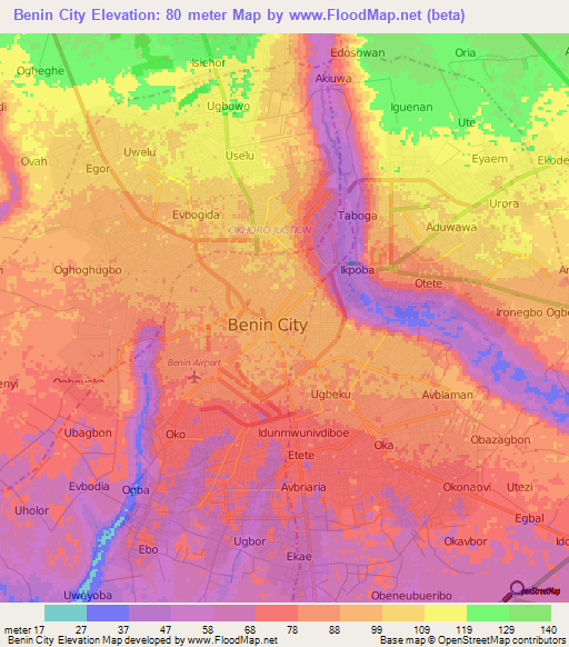 Benin City,Nigeria Elevation Map