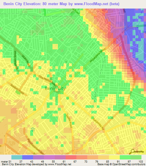 Benin City,Nigeria Elevation Map