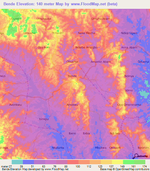 Bende,Nigeria Elevation Map