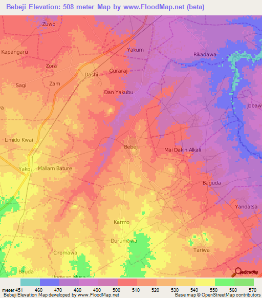 Bebeji,Nigeria Elevation Map