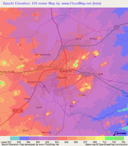 Bauchi,Nigeria Elevation Map