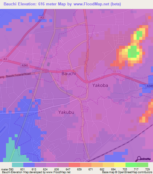 Bauchi,Nigeria Elevation Map