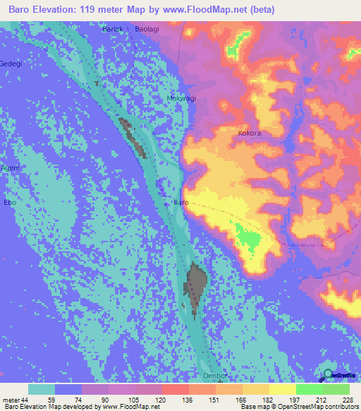 Baro,Nigeria Elevation Map