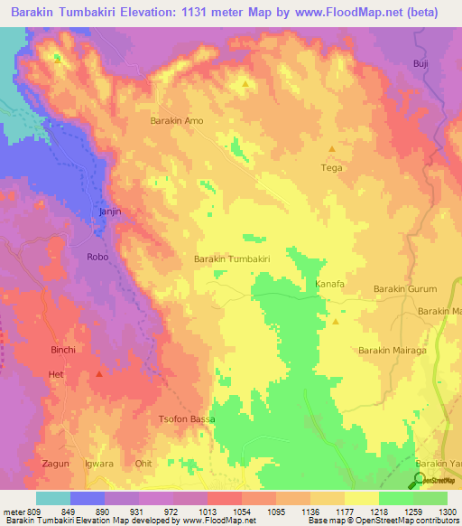 Barakin Tumbakiri,Nigeria Elevation Map