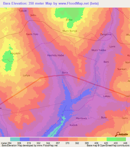 Bara,Nigeria Elevation Map